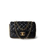Black Lambskin Quilted Mini River of Pearls Flap Bag Aged Gold Hardware - Image 10