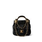 Black Calfskin Quilted Lady Handle Flap Card Holder on Chain Aged Gold Hardware - Image 13