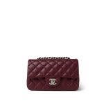 Burgundy Lambskin Quilted Mini Rectangular Flap Silver Hardware