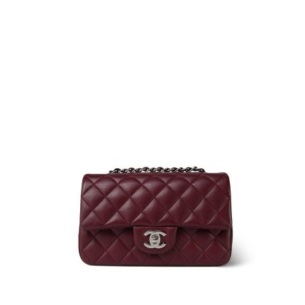 Burgundy Lambskin Quilted Mini Rectangular Flap Silver Hardware