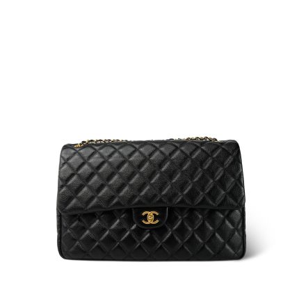 24K Black Caviar Quilted Maxi Travel Flap Aged Gold Hardware