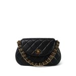 Black Lambskin Quilted Double Chain Rounded Bag Gold Hardware