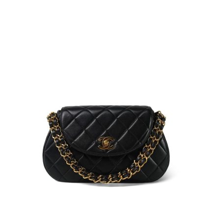 Black Lambskin Quilted Double Chain Rounded Bag Gold Hardware