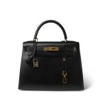 Kelly 28 Sellier Black Box Calfskin Gold Plated U Circle Stamp
