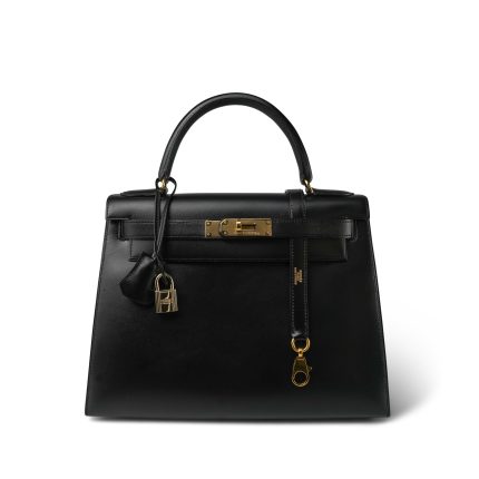 Kelly 28 Sellier Black Box Calfskin Gold Plated U Circle Stamp