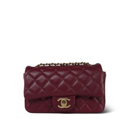 Burgundy Lambskin Quilted Extra Mini Rectangular Flap Light Gold Hardware