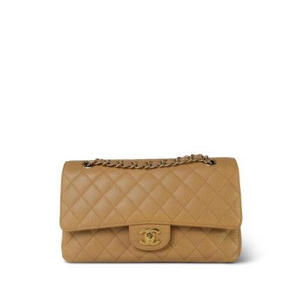 Beige Caviar Quilted Classic Flap Medium 24K Gold Plated