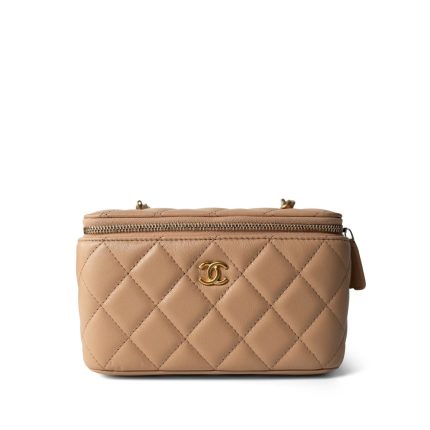Beige Lambskin Quilted Pearl Crush Vanity Case With Chain Aged Gold Hardware