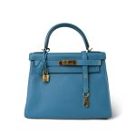 Kelly 28 Retourne Bleu Izmir Turquoise Veau Togo Gold Plated R Square Stamp