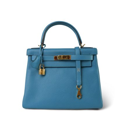 Kelly 28 Retourne Bleu Izmir Turquoise Veau Togo Gold Plated R Square Stamp