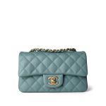 18C Pearly Light Blue Caviar Quilted Mini Rectangular Flap Aged Gold Hardware
