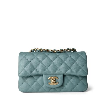 18C Pearly Light Blue Caviar Quilted Mini Rectangular Flap Aged Gold Hardware