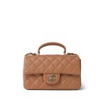 Dark Beige Lambskin Quilted Mini Top Handle Light Gold Hardware