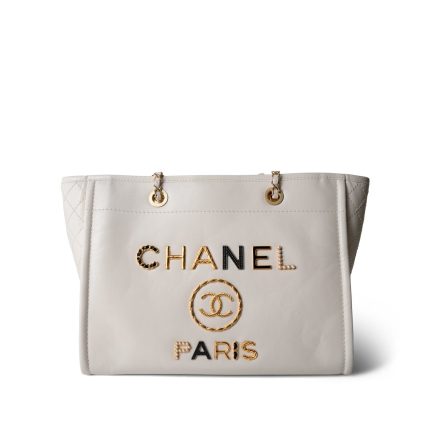 White Calfskin Quilted Embellished Deauville Tote Aged GHW
