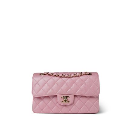 19S Iridescent Pink Caviar Quilted Small Classic Flap with LGHW