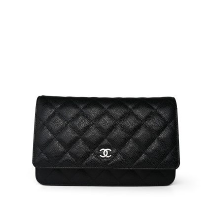 Black Caviar Quilted Wallet on Chain WOC Silver Hardware