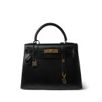 Kelly 28 Sellier Black Box Calfskin Gold Plated U Circle Stamp