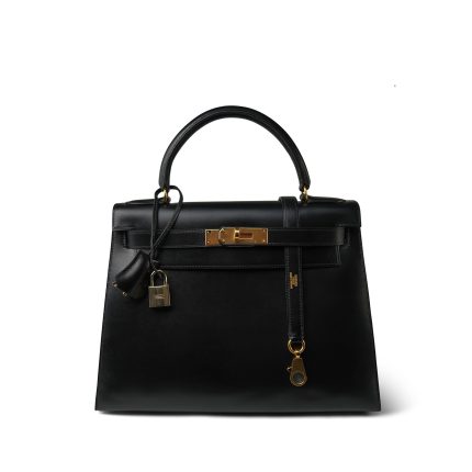 Kelly 28 Sellier Black Box Calfskin Gold Plated U Circle Stamp