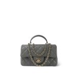 Dark Grey Lambskin Quilted Mini Top Handle Light Gold Hardware - Image 10