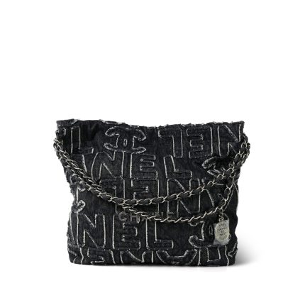 24A Black Denim Chanel Tufted 22 Hobo Bag Small