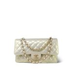 20B Iridescent White Calfskin Quilted Classic Flap Medium Light Gold Hardware - Image 11