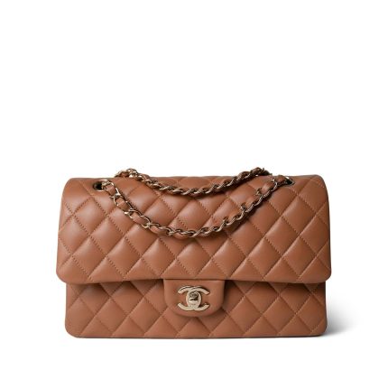 22S Caramel Lambskin Quilted Classic Flap Medium LGHW