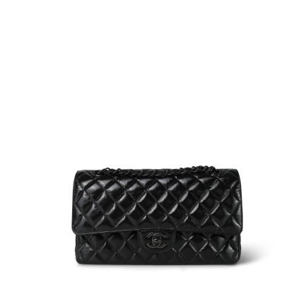 So Black Shiny Crumpled Calfskin Quilted Medium Classic Flap