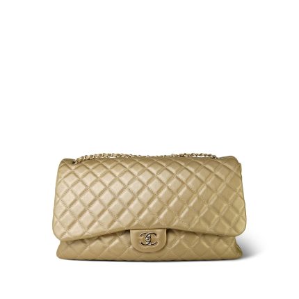 Gold Crumpled Calfskin Small XXL Travel Flap Bag Light Gold Hardware