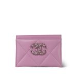 22S Pink Lambskin Quilted 19 Card Holder SHW