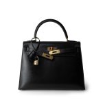Kelly 28 Sellier Black Box Calfskin Gold Plated Y Circle Stamp - Image 12
