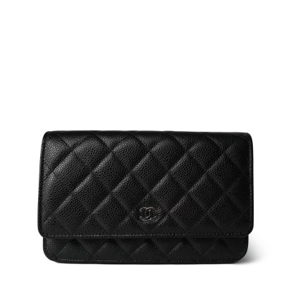 Black Caviar Quilted Classic Wallet on Chain (WOC) Silver Hardware