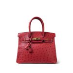 Birkin 30 Rouge Vif Ostrich Gold Plated X Stamp