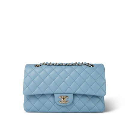 Light Blue Caviar Quilted Classic Flap Medium Light Gold Hardware