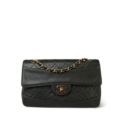 Dark Green/Khaki Lambskin Quilted Border Single Flap Gold Hardware