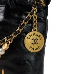 23S Shiny Black Calfskin Quilted Mini 22 Pearl Strap Bag Aged Gold Hardware - Image 11