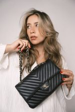 Black Lambskin Chevron Medium Classic Flap Light Gold Hardware - Image 13