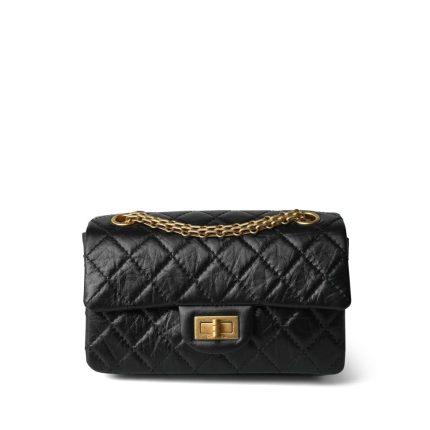 23P Black Aged Calfskin Quilted Mini Reissue 2.55 Flap Aged Gold Hardware