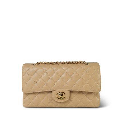 Beige Clair Caviar Quilted Medium Classic Flap Gold Hardware