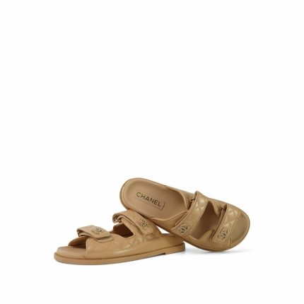 24P Beige Lambskin Quilted Velcro Sandals/Mules Light Gold Hardware