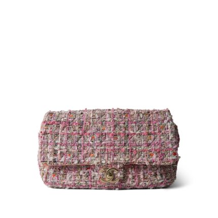 Pink Tweed Quilted Pearl Handle Flap Bag Large LGHW