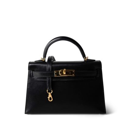 Mini Kelly 20 Sellier Black Box Calfskin Gold Plated B Stamp