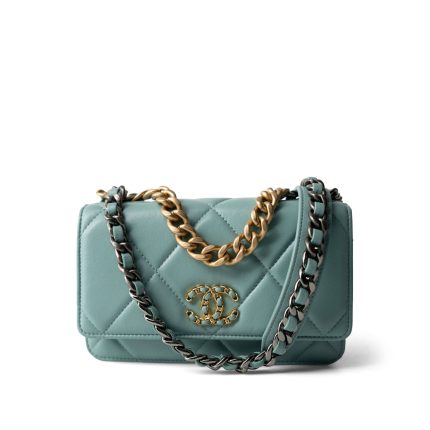 19C Tiffany Blue Lambskin Quilted 19 Wallet on Chain Mixed Hardware