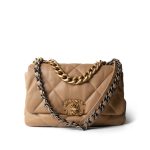Dark Beige Goatskin Quilted 19 Flap Small Aged Gold Hardware - Image 8