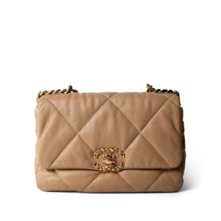 Dark Beige Goatskin Quilted 19 Flap Small Aged Gold Hardware