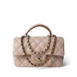 Light Beige / Beige Lambskin Quilted Mini Top Handle Light Gold Hardware - Image 9