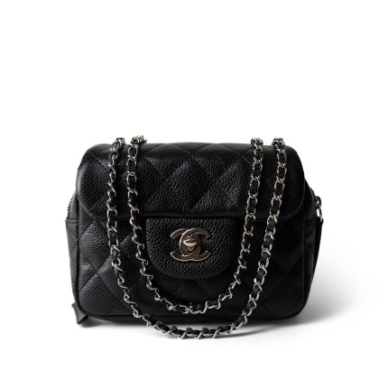 12C Black Caviar Quilted Mini Dual Zipper Case Silver Hardware