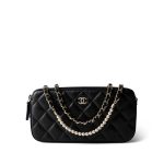 Black Lambskin Quilted Small Clutch With Pearly Chain