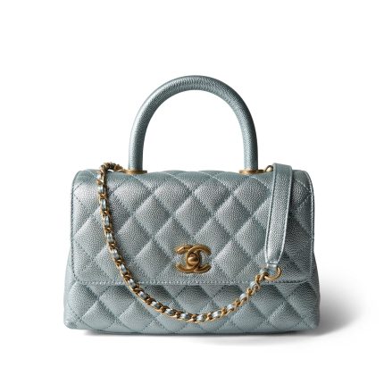 22P Iridescent Light Blue Caviar Quilted Coco Handle Small Aged Gold Hardware