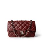 Burgundy Lambskin Quilted Mini Rectangular Flap Silver Hardware - Image 8