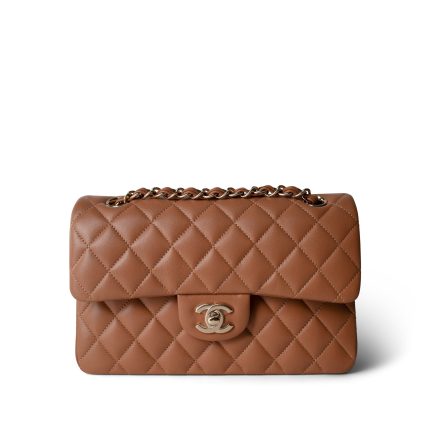 22S Caramel Lambskin Quilted Classic Flap Small Light Gold Hardware